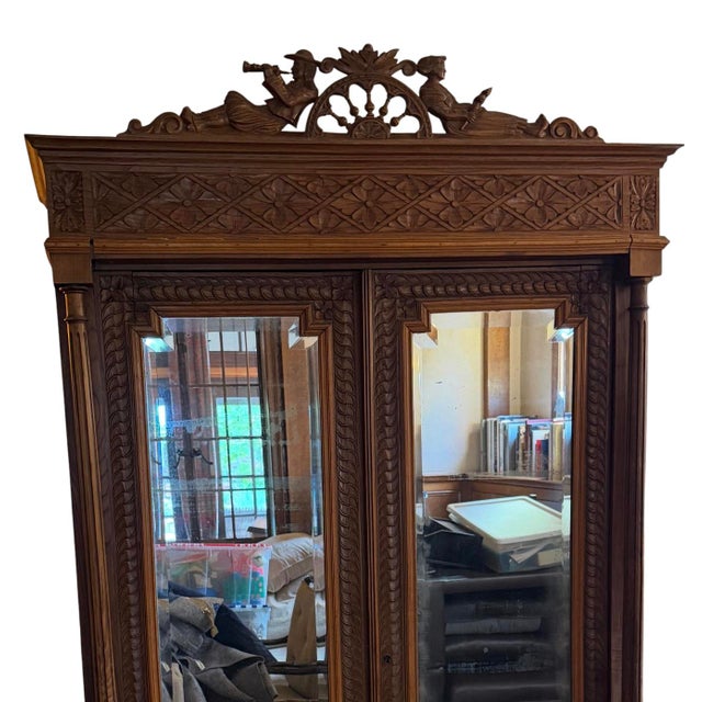 Antique French Carved Oak Breton Mirrored Armoire Linen Press