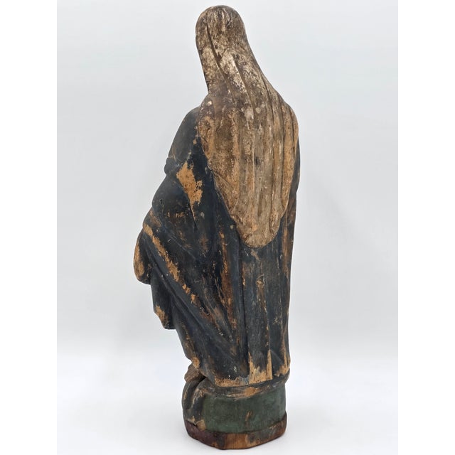 Spanish Rare Antique 18th Century Spanish Colonial Hand-Carved Virgin Mary Statue Polychrome Wood For Sale - Image 3 of 15