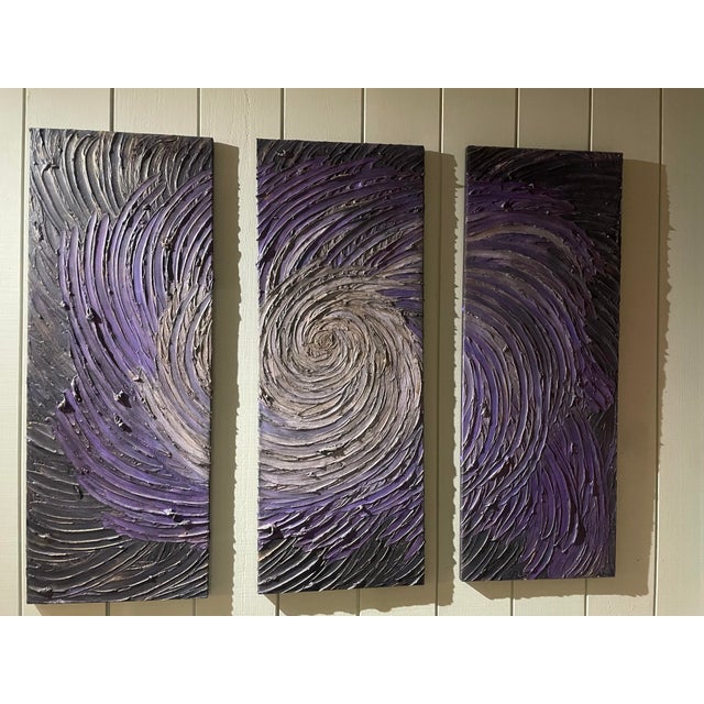 Textured Purple & Silver Triptych | 3 Panel Statement Piece For Sale In Denver - Image 6 of 6
