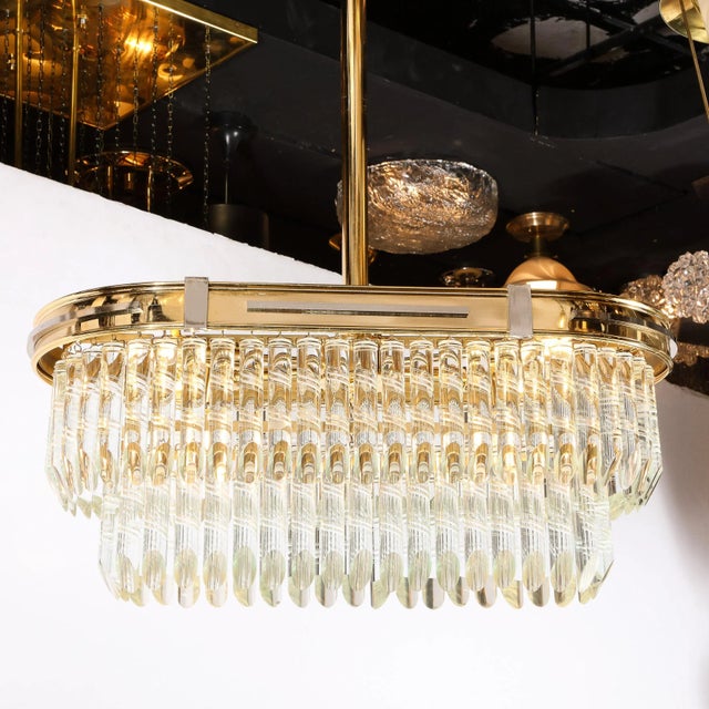 Mid-Century Modernist Oval Form Two-Tier Brass, Nickel & Cut Crystal Chandelier For Sale - Image 9 of 12
