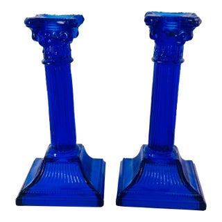 Vintage Cobalt Blue Glass Candlestick Holders – Neoclassical Column Design, Set of 2 For Sale