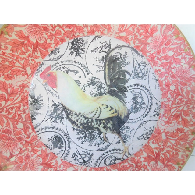 Brick Red Late 20th Century Decorative Plate, French Decoupage Rooster With Floral Border For Sale - Image 8 of 13