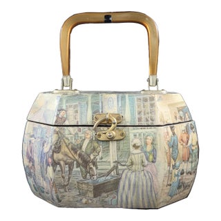 Vintage Decoupaged Octagonal Vanity Box/Purse With Colonial Tavern Scene For Sale
