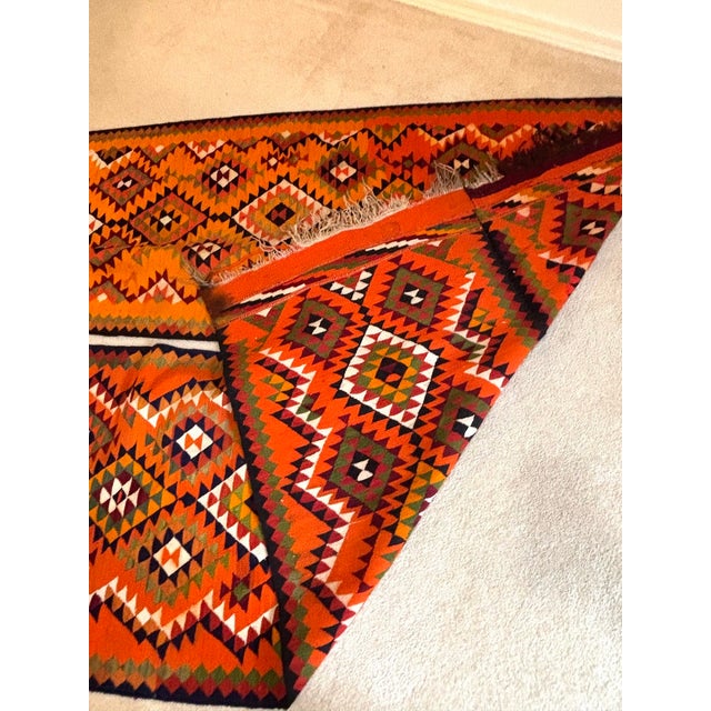 Islamic 1920s Orange/Green Wool Kilim Fringed Rug or Throw For Sale - Image 3 of 6