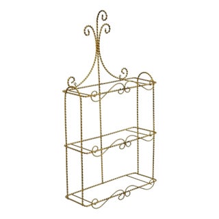 Vintage Gold Gilt Metal Hollywood Regency Scrolling Iron 3 Tier Small Wall Shelf For Sale