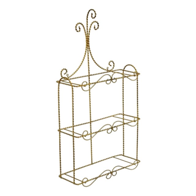 Vintage Gold Gilt Metal Hollywood Regency Scrolling Iron 3 Tier Small Wall Shelf For Sale