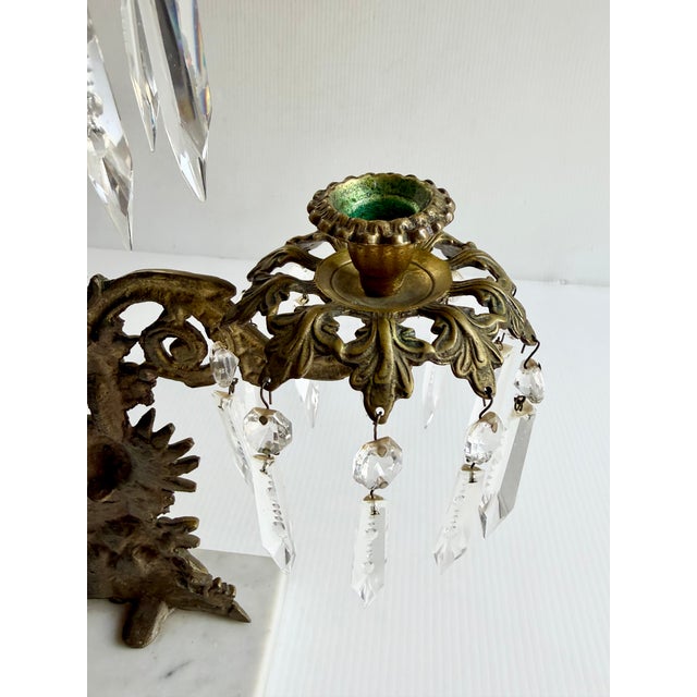 Antique Brass Victorian Couple 3 Arm Girandole Candlestick With Marble Base & Prisms For Sale - Image 16 of 17