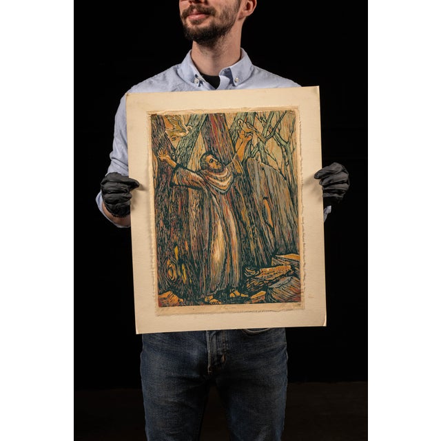 A painting of St. Francis, dated 1975. This painting has been completed on a textile medium.
