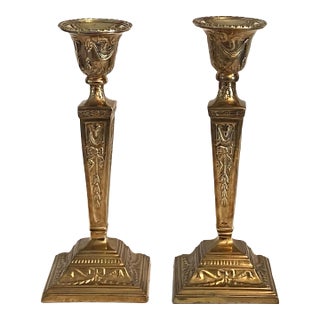 Castilian Brass Candlestick Holders - A Pair For Sale