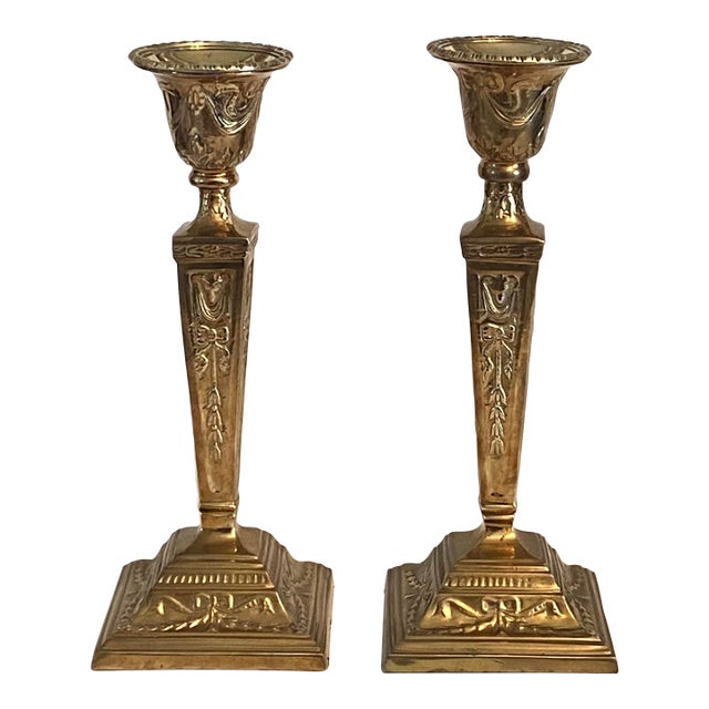 Castilian Brass Candlestick Holders - A Pair For Sale