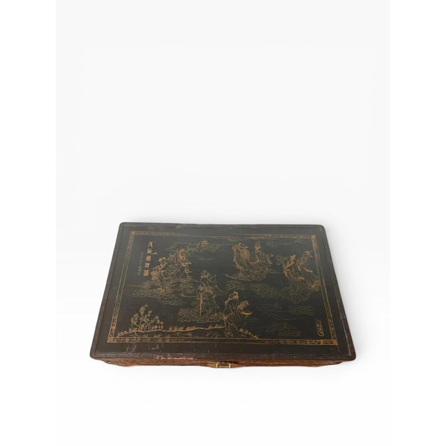 Handmade Attributed Maitland-Smith Chinoiserie Bamboo Trunk Chest With Hand-Painted Panels For Sale - Image 10 of 12