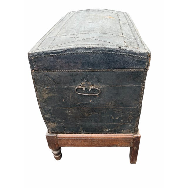 17th Century Leather Bound Wedding Chest Coffee on Stand For Sale In Philadelphia - Image 6 of 12
