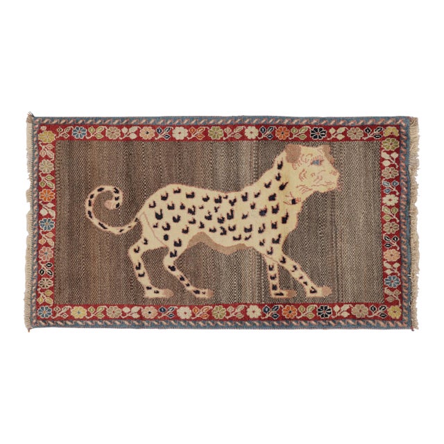 Vintage Gabbeh Pictorial Wool Runner With Tiger Pictorial by Rug & Kilim, 1950-1959 For Sale