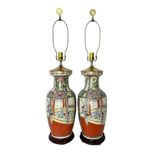 Large Antique Rose Medallion Vase Lamps- a Pair