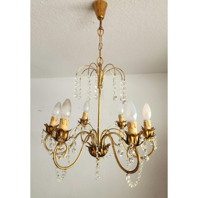 Vintage Hollywood-Regency Gold-Plated Cascade 6-Light Waterfall Chandelier with Crystal Pendants, 1960s For Sale - Image 9 of 18