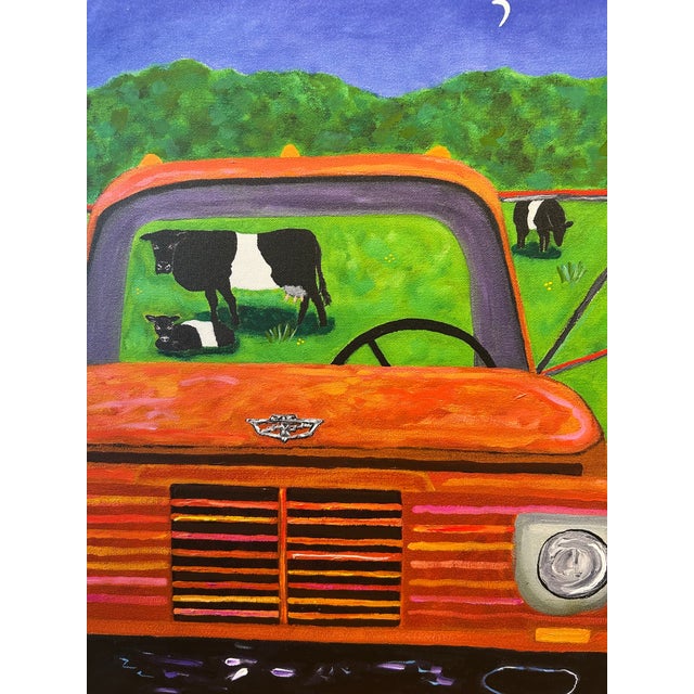 Hand Embellished Limited Edition Giclee of Old Truck and Belted Galloway Cows For Sale - Image 4 of 8