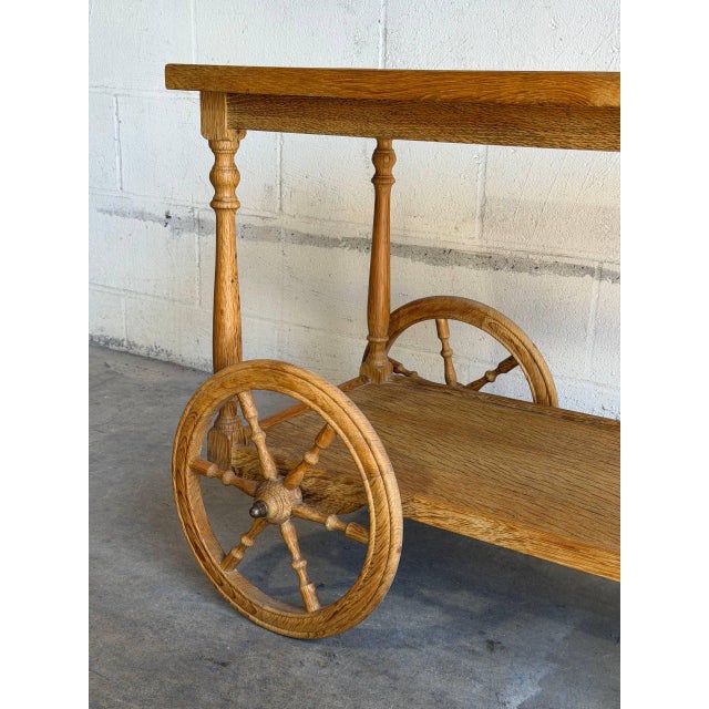 Vintage Danish Oak Bar Cart Tea Trolley With Blue & White Tile Top For Sale - Image 9 of 10