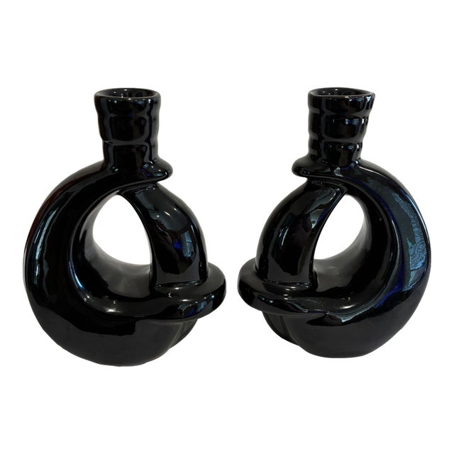 Vintage Frankoma Black Ceramic Modern Loop Vases, a Pair For Sale