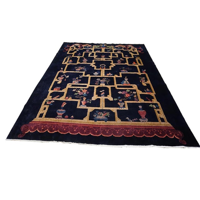 Navy Blue Special Shelf With Details of Chinese Culture in a Black Fiedl Antique Art Deco Rug For Sale - Image 8 of 12