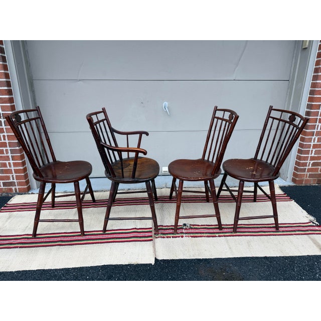 Farmhouse A Very Rare Set of 4 Inlaid Birdcage and Butterfly Windsor Chairs, Philadelphia, Circa 1810's For Sale - Image 3 of 12