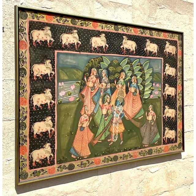 A fabulous vintage Boho Original oil painting on silk. A chic storied Indian Pichwaa in deep rich colors. A lot of extra...