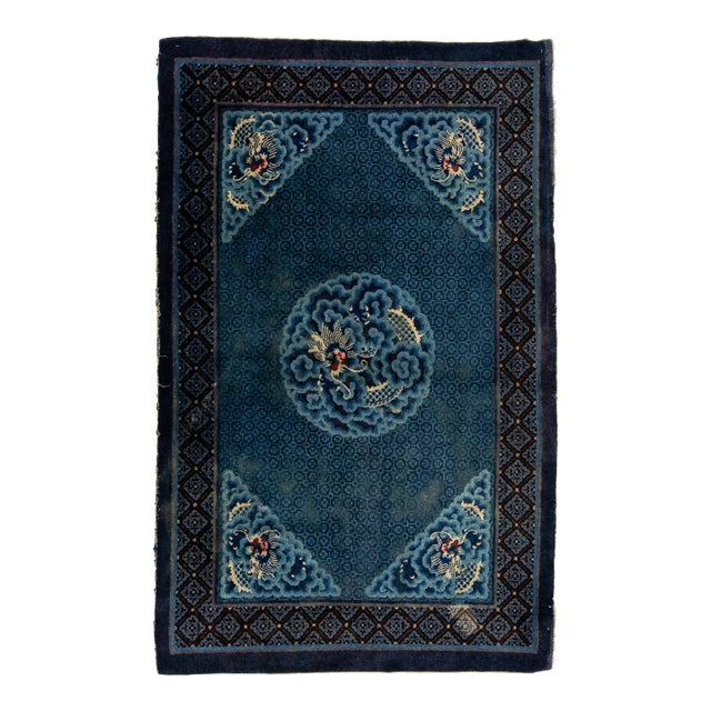 Vintage Blue Chinese Peking Wool Rug Handmade With Traditional Design For Sale