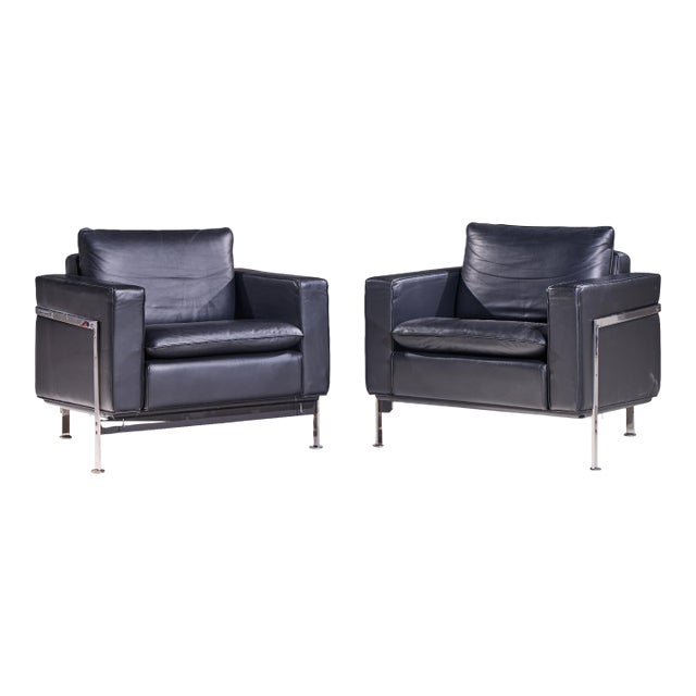 Robert Haussmann for De Sede Mid Century Black Leather Chairs - Pair For Sale