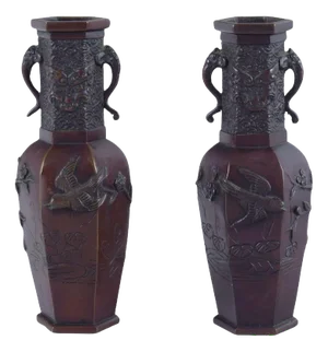 Japan Meiji Bronze Vases with Birds on Branches in Relief, Set of 2