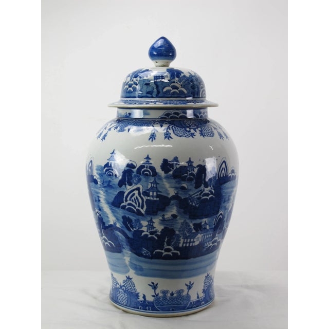 Large Chinese Blue and White Porcelain Ginger Jar With Hand Painted Scenery For Sale - Image 9 of 11