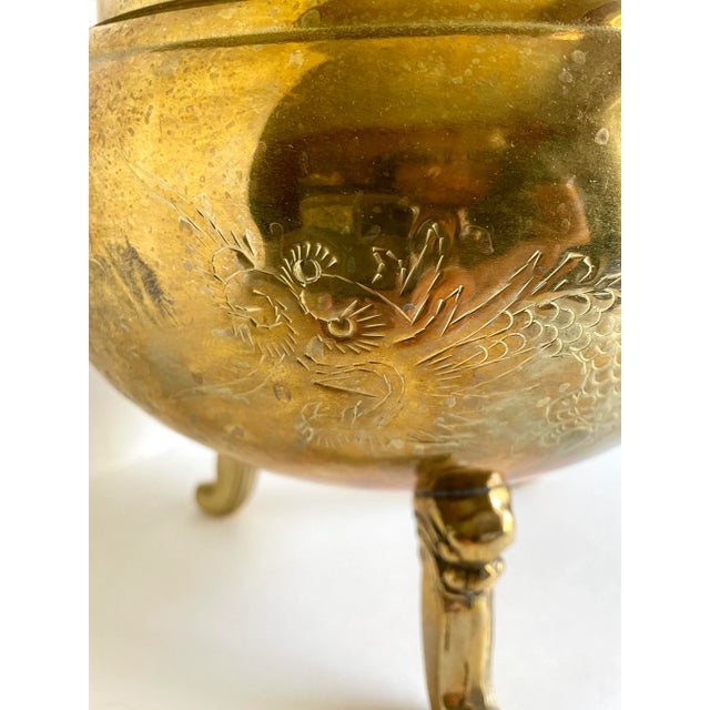 Metal Vintage Asian Brass Incense Burner With Dragon Etchings For Sale - Image 7 of 13