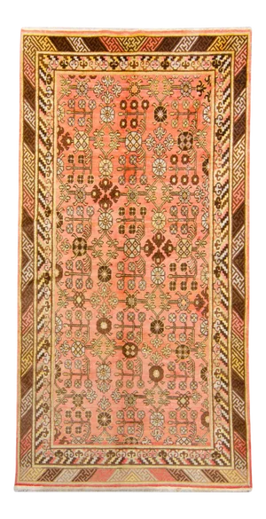 1920s Antique Khotan Art Deco Salmon Brown Wool Hand-Knotted Rug - 4’6” X 8’8”