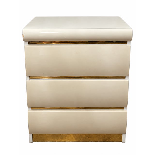 Wood Millennium Cream Postmodern Dresser and Two Nightstands With Asymmetrical Mirror For Sale - Image 7 of 14
