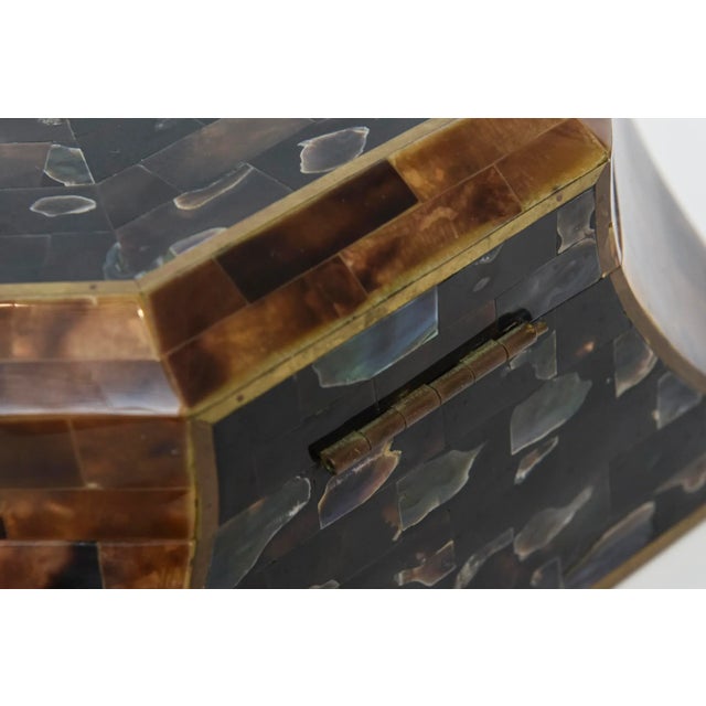 Brown Vintage Maitland Smith Abalone, Horn, Stone and Wood Hinged Large Octagonal Box Rare For Sale - Image 8 of 11