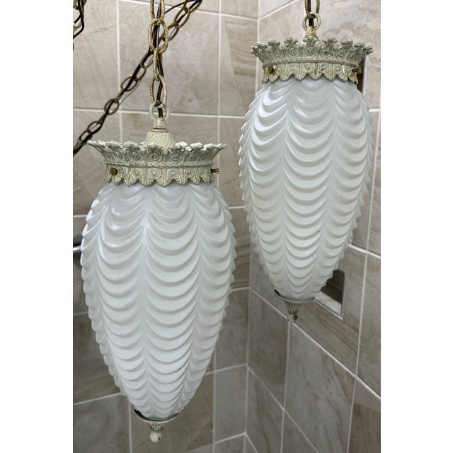 1960s Hollywood Regency Mid Century Swag Two-Light Ceiling Fixture - White Frosted Ruffled Drapery Shades For Sale - Image 4 of 12