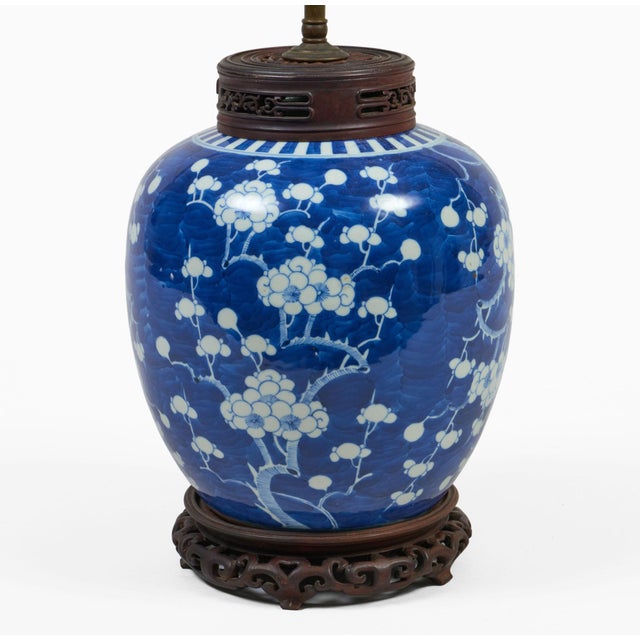 Chinese Kangxi period cobalt blue and white porcelain Prunus or Hawthorn pattern ginger jar mounted as a lamp, the...
