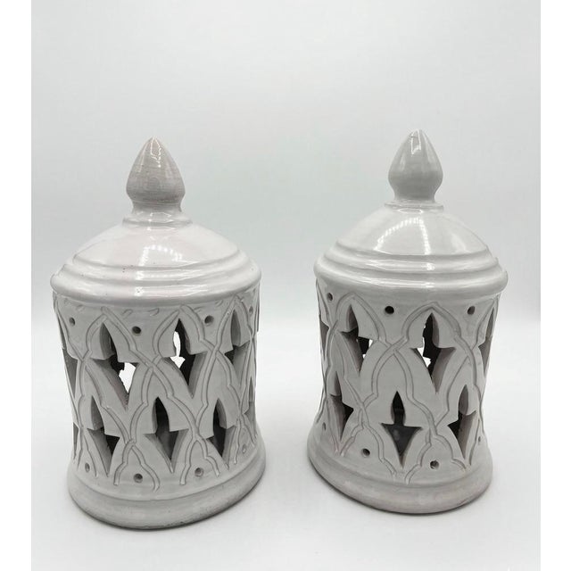 Handcrafted Moroccan Glazed Terracotta Pierced Lanterns - a Pair For Sale - Image 4 of 12