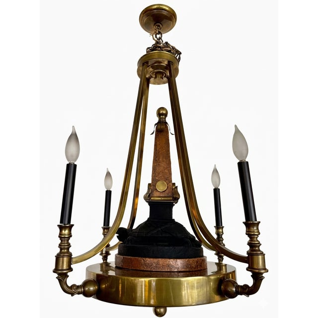 Neoclassical Style Brass Chandelier With Marbleized Obelisk & Turtle Sculpture For Sale - Image 4 of 7