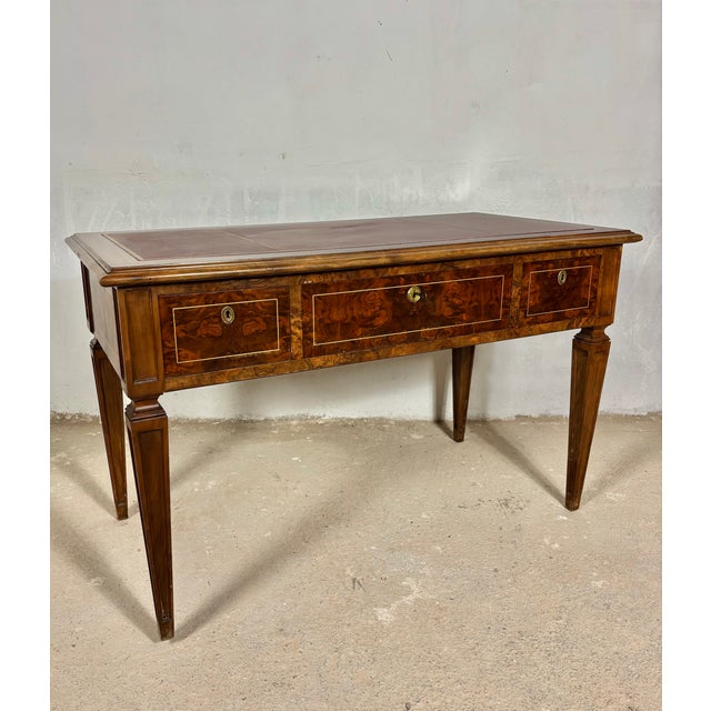 French Louis XVI Style Walnut Writing Desk With Leather Top, Early 20th Century For Sale - Image 4 of 9