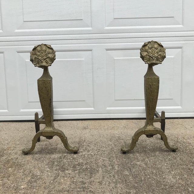 Metal Antique Iron Flower Andirons by Howes - a Pair For Sale - Image 7 of 10