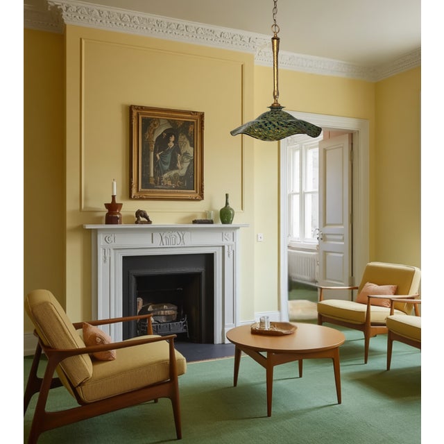 Late 20th Century Ruffled Swirled Multicolor Green Art Glass and Brass Tone Pendant Light Signed R. Mynatt For Sale - Image 5 of 18