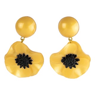 Cilea Paris Dangle Resin Clip Earrings Yellow Poppy Flower For Sale