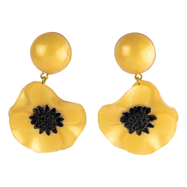 Cilea Paris Dangle Resin Clip Earrings Yellow Poppy Flower For Sale