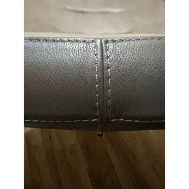 Roche Bobois Fantastic Pair of Roche Bobois 2 Tone Leather Pivot/Swivel Arm Chairs With X Chrome Base Baseball Stitching Mink Grey Brown For Sale - Image 4 of 12