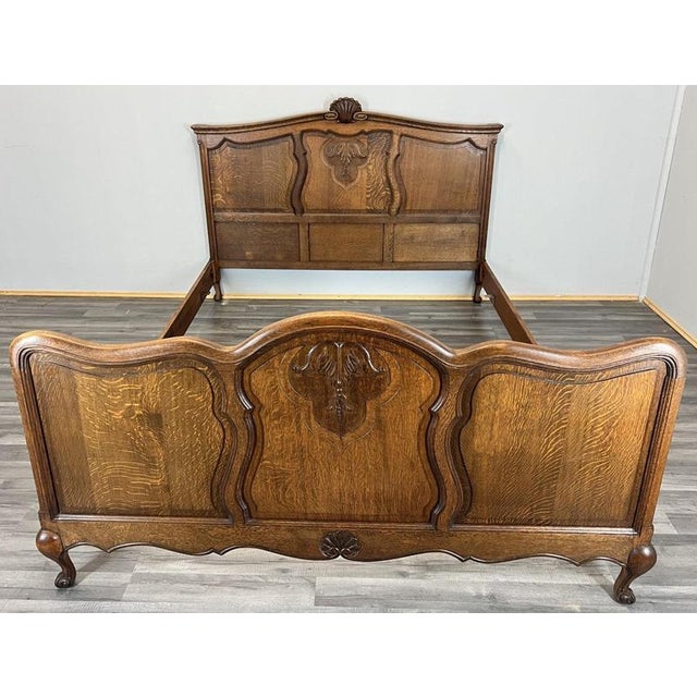 Vintage French Louis XVI Style Oak Double Bed Frame with Carved Headboard For Sale - Image 10 of 10