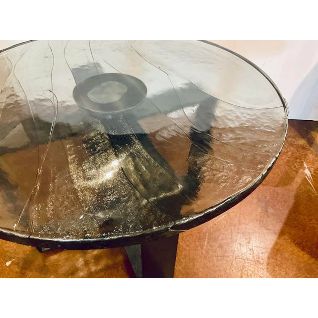 Industrial Modern Smoked Textured Thick Glass Cocktail Table For Sale - Image 4 of 5