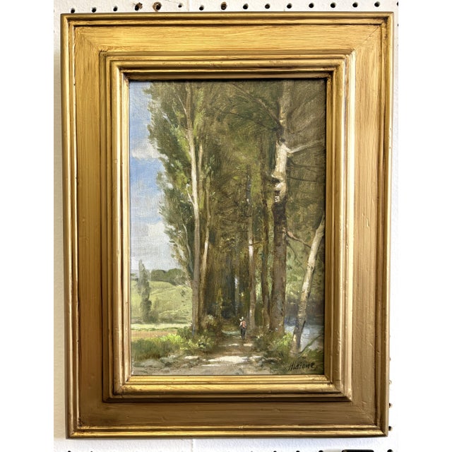 Robert Maione (American, 1932-1987) Original Signed and Framed Oil Painting on Canvas Titled 'Wooded Road by a River' C1976 For Sale - Image 15 of 18