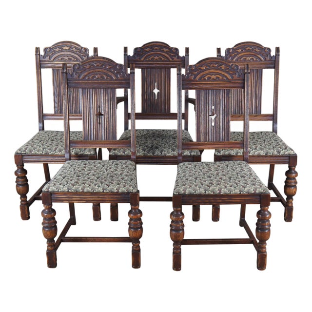 5 Antique Bernhardt English Jacobean Style Carved Oak Dining Room Chairs For Sale