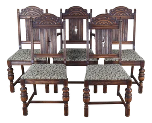 5 Antique Bernhardt English Jacobean Style Carved Oak Dining Room Chairs