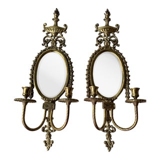 Early 20th Century Brass Candle & Mirror Wall Sconces-A Pair For Sale