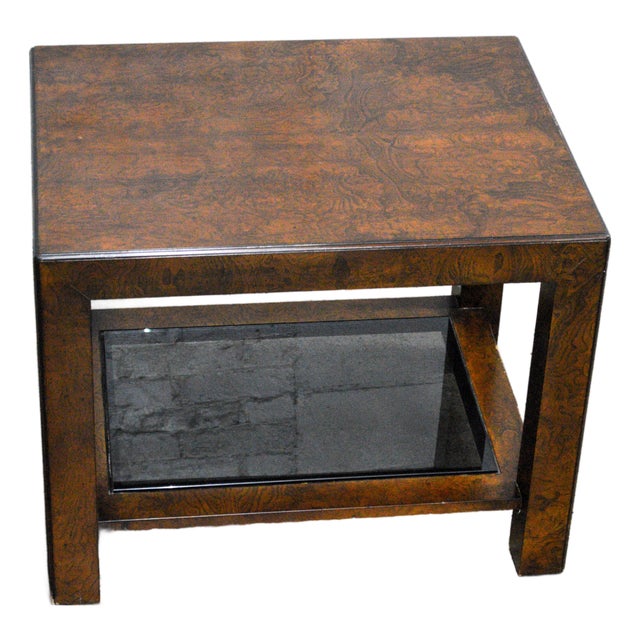 1970s John Widdicomb Burl Wood Smoked Glass Side End Table For Sale